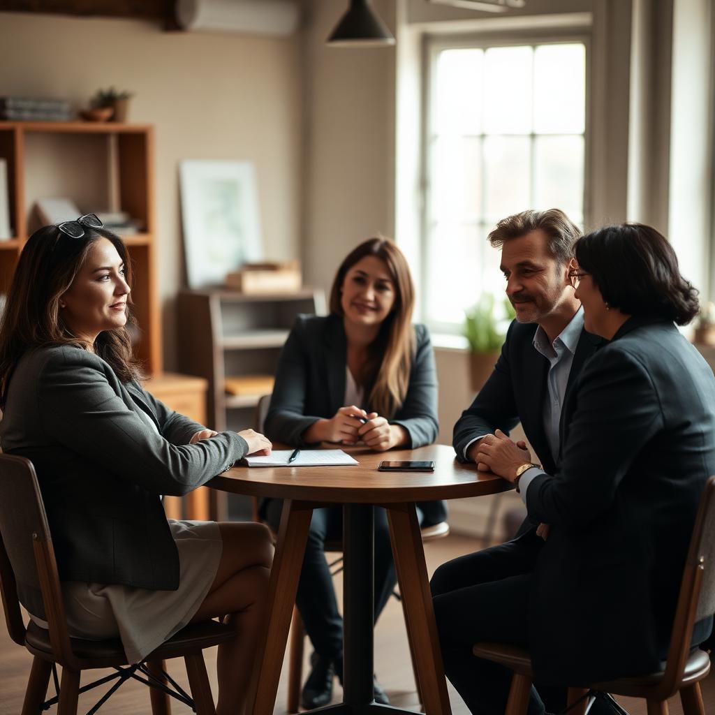 Three professionals in candid conversation around a workshop table